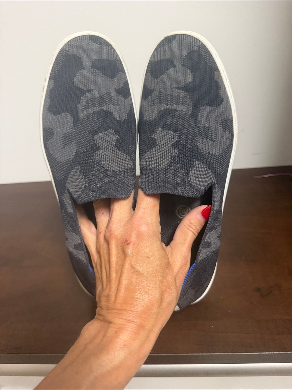 Rothy's Black Camo Slip-On Sneakers with White Stripes